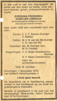 Overlijdensbericht E.F. Duintjer-Jordaan 1978